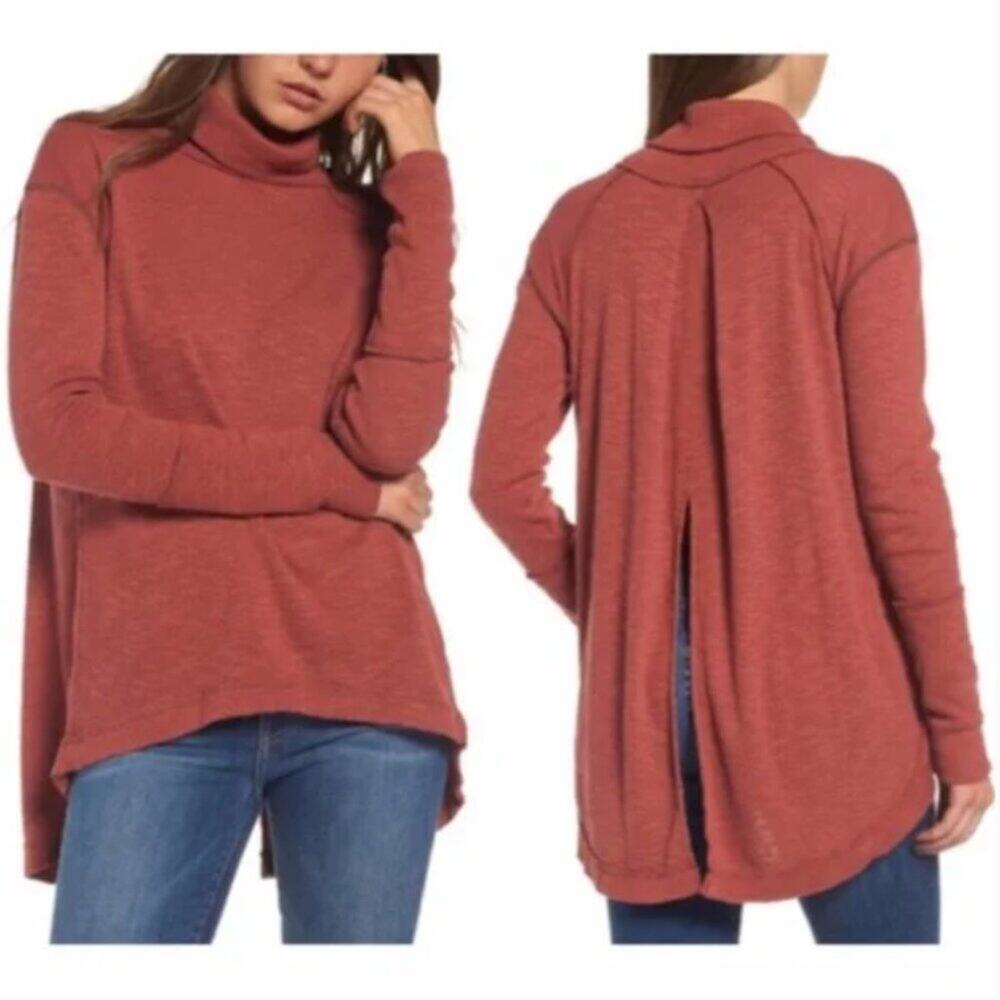 Free People Red Split Back Turtleneck Top